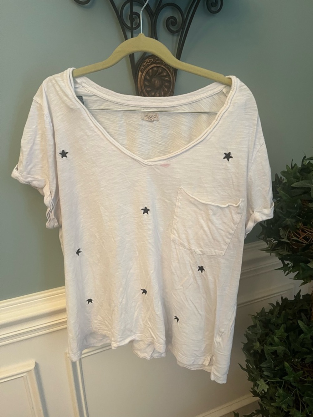 Pilcro White Short-Sleeve Pocket Tee with Black Star Motifs